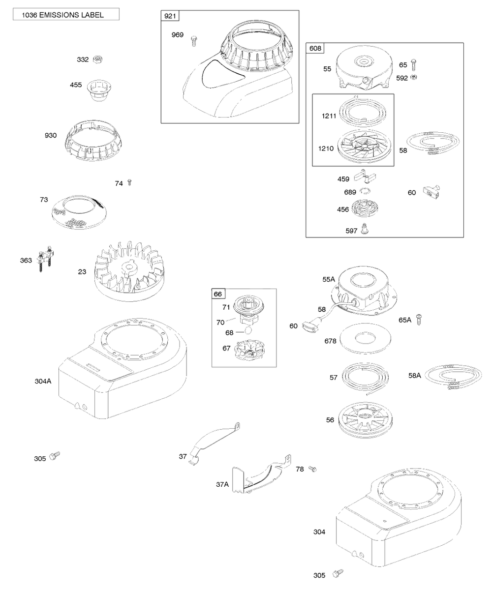 Blower Housing/Shrouds, Flywheel, Rewind Starter Diagram and Parts List for 9D902-2083-XX  Briggs and Stratton Engine